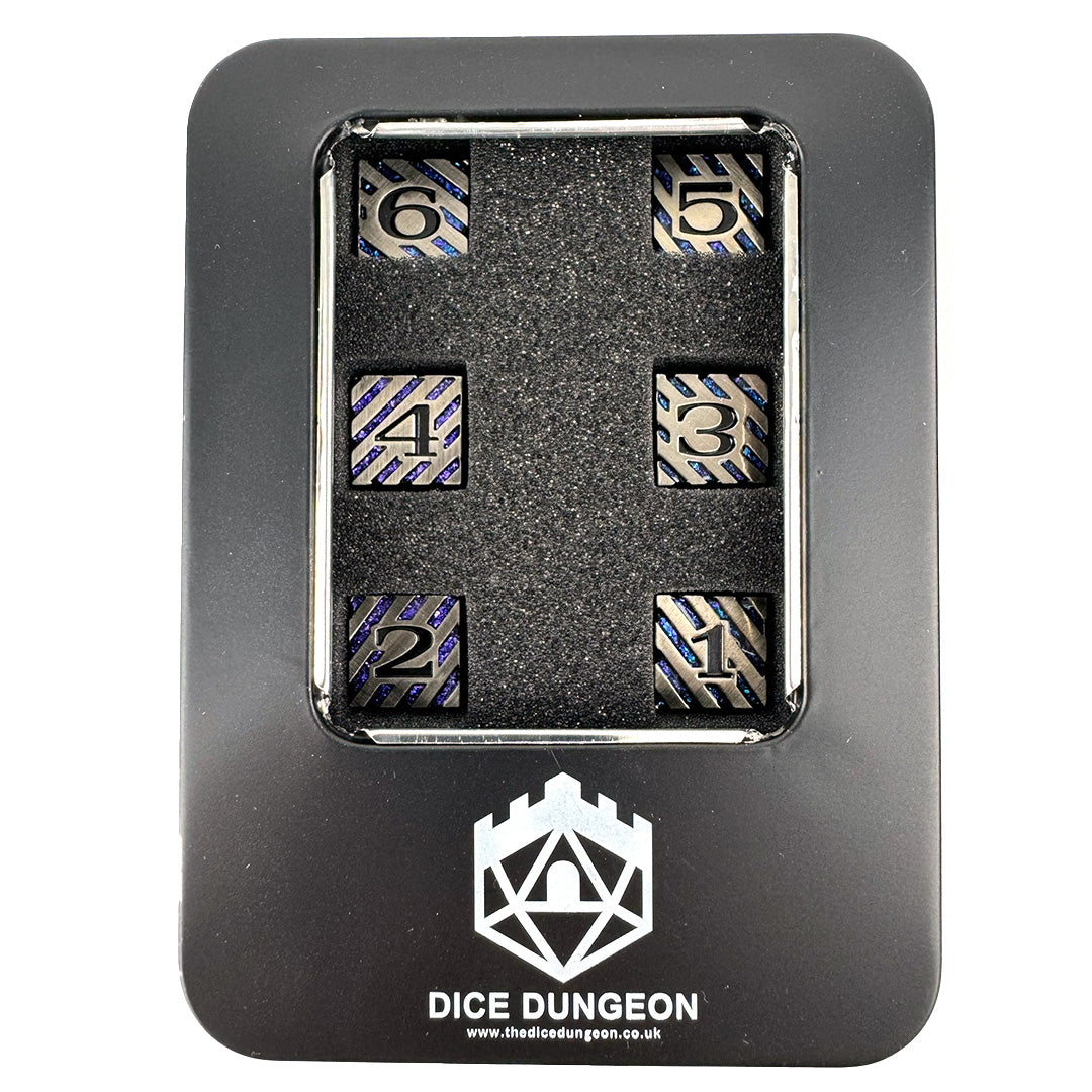 Silver and purple dnd dice 4 peice set with tin