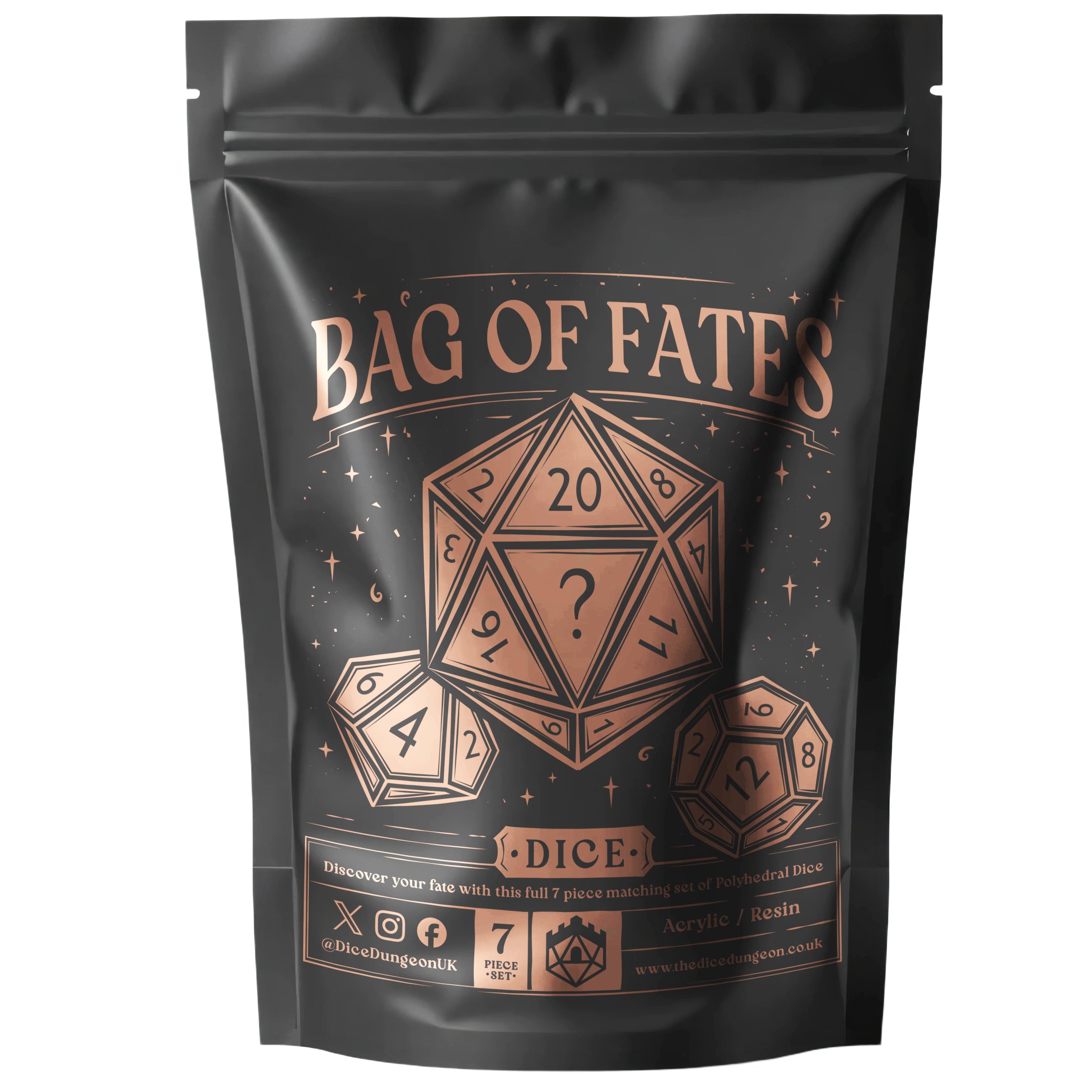 Bag of Fates dice packaging with dice graphics on a black background. Contains a mystery set of dice in either resin or acrylic.