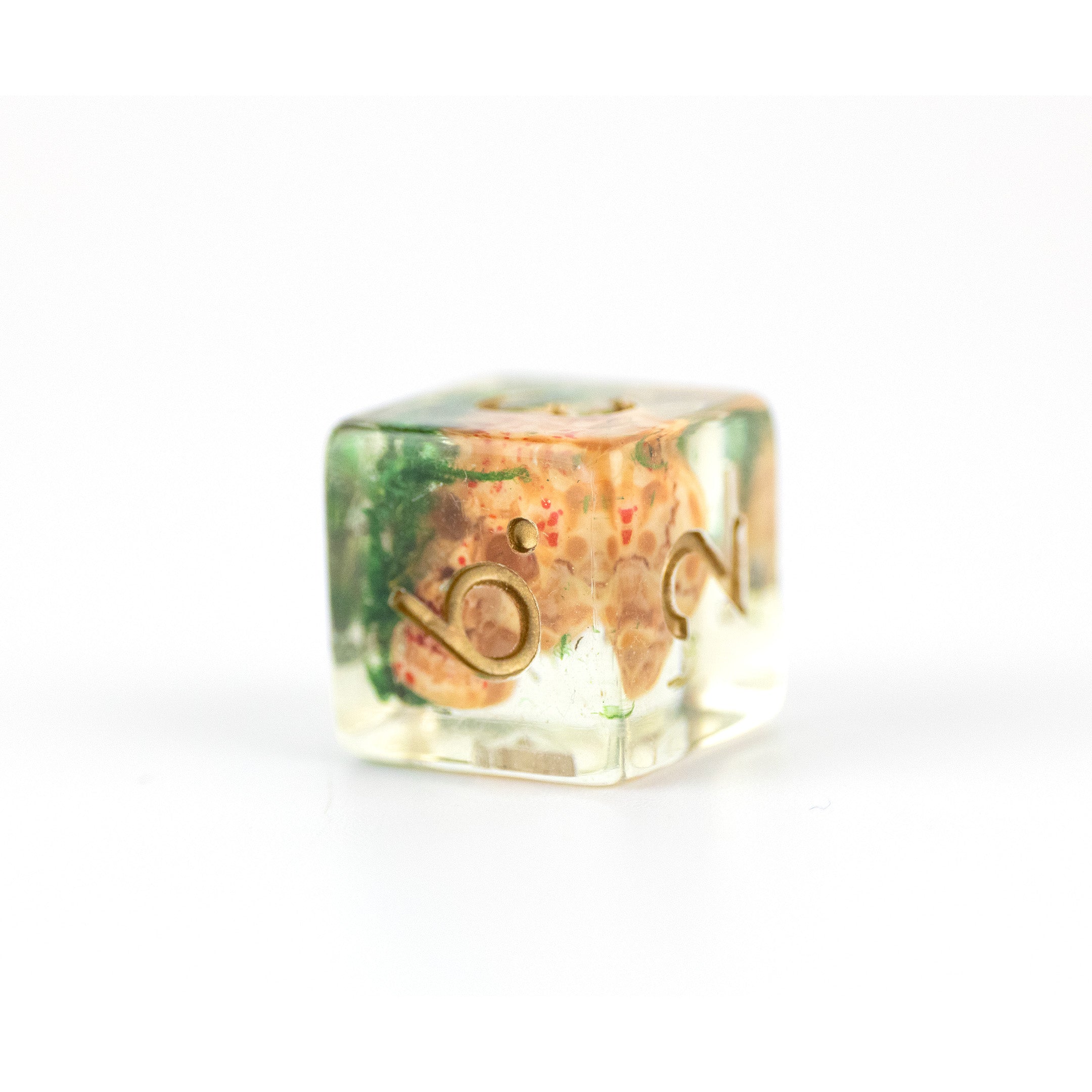 Clear D6 with nature-themed design and gold accents with a skull inside.