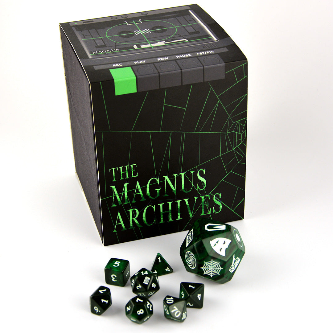 The Magnus Archives Entities Dice Set with Box. Green and black 7 piece set and D16 and accompanying gift box