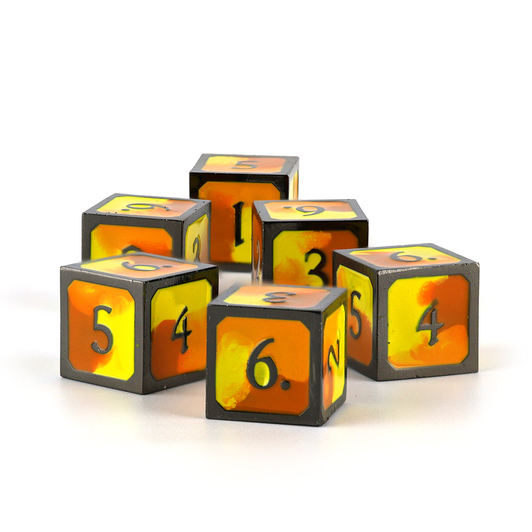 burning hands red orange and yellow d6 dice set
