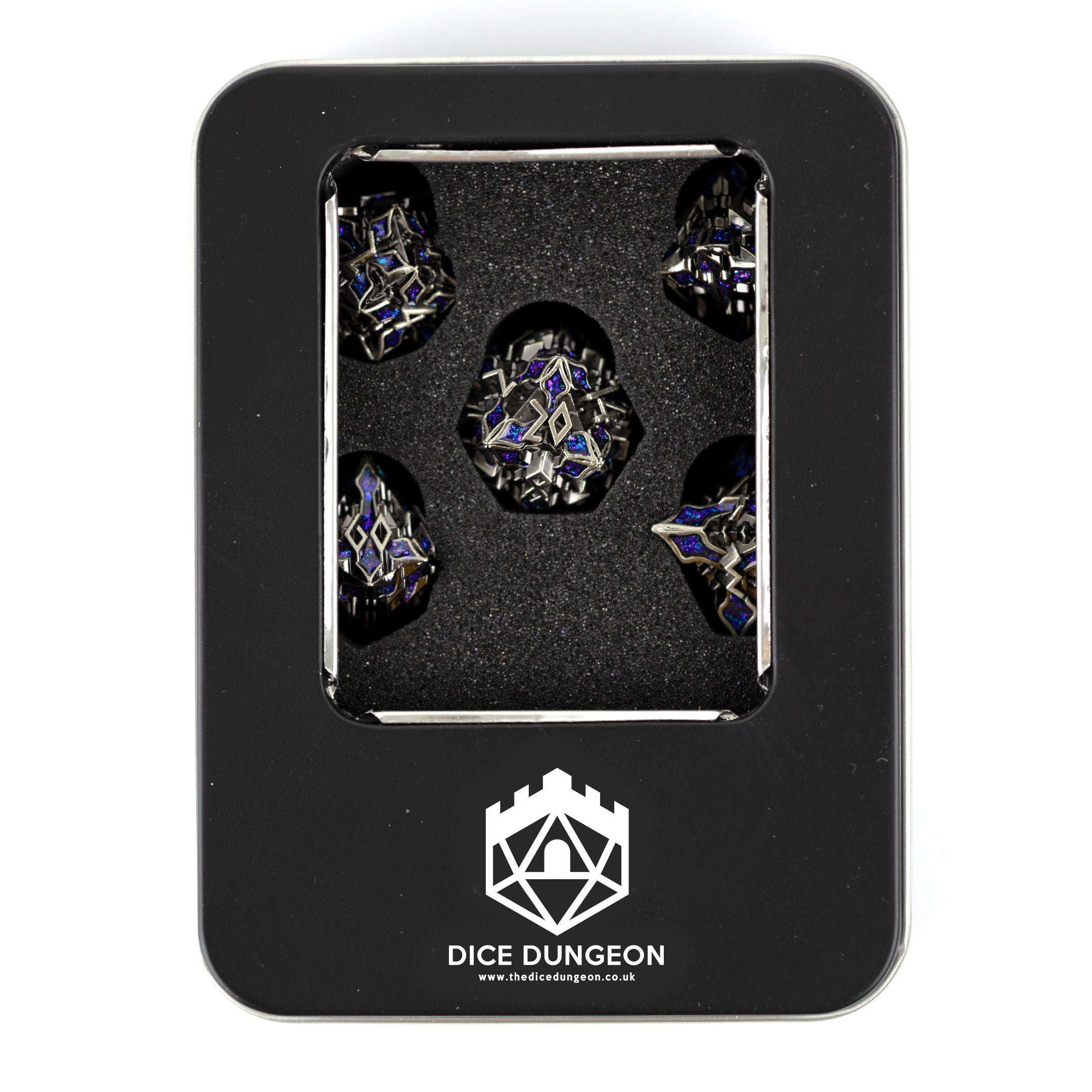 Set of dice with decorative patterns in a black display case, featuring the Dice Dungeon logo.