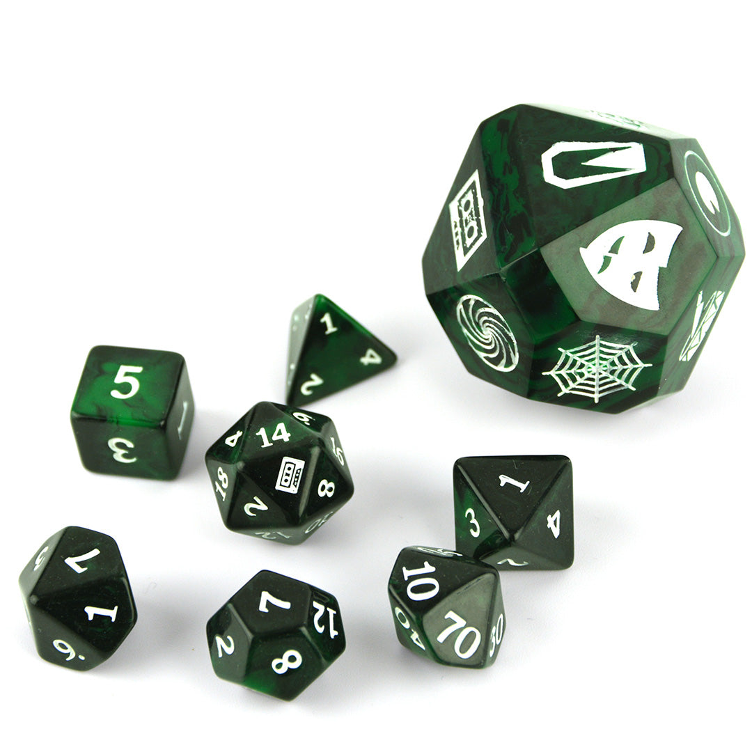 The Magnus Archives Entities Dice Set with Box. Green and black 7 piece set and D16