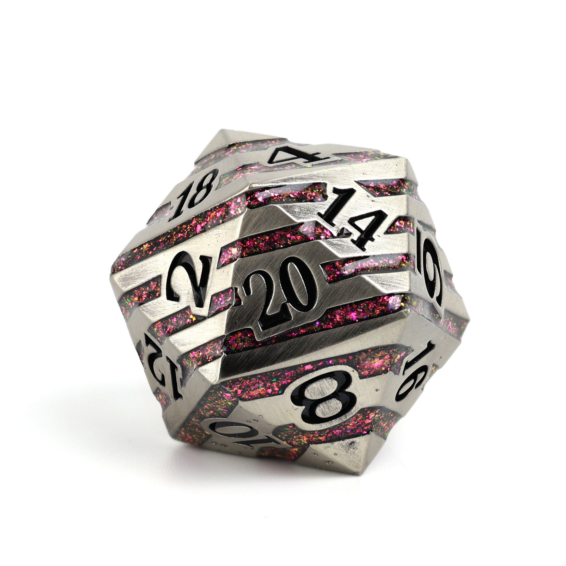 D20 polyhedral dice with silver and red design on a white background