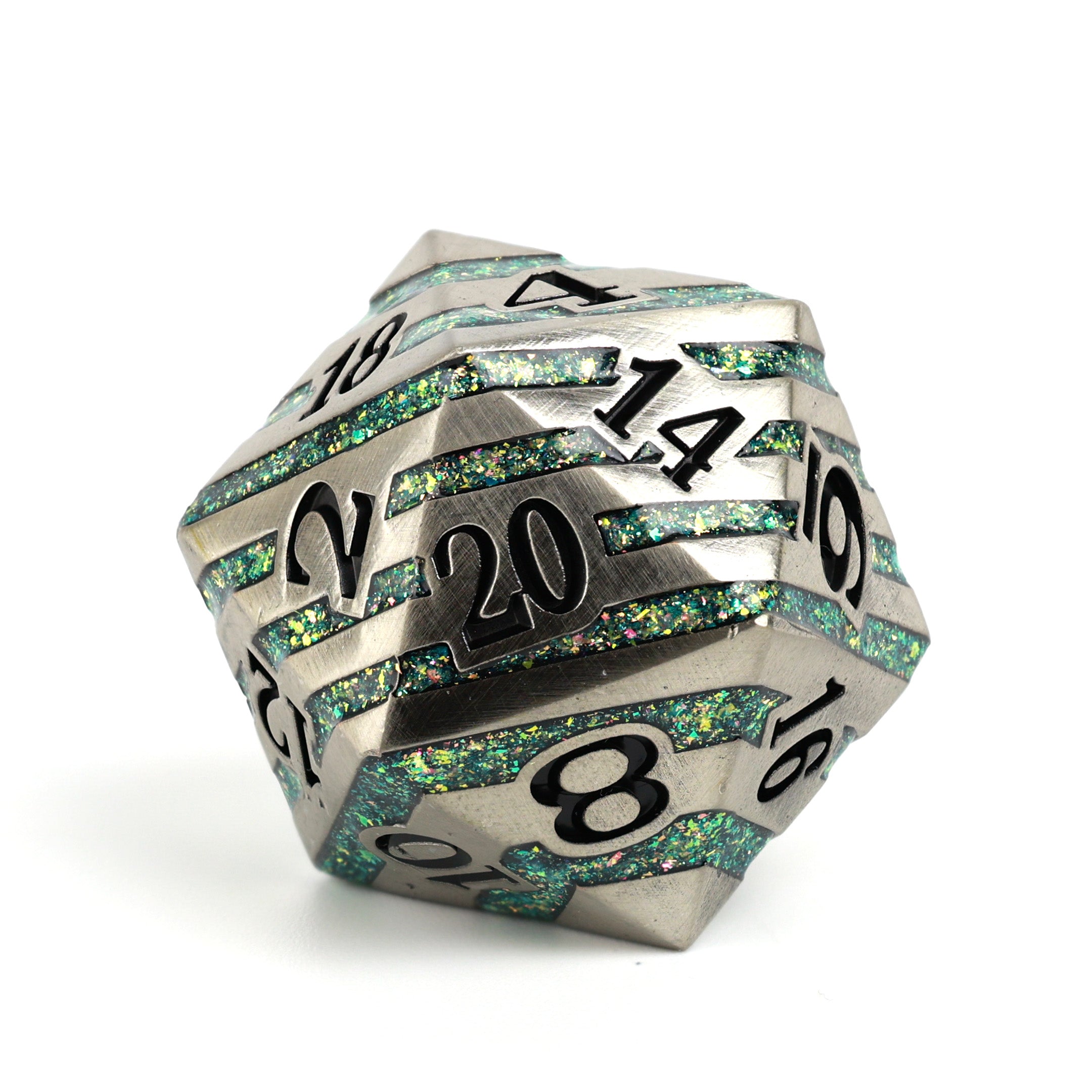 D20 polyhedral dice with silver and green glittery finish on a white background
