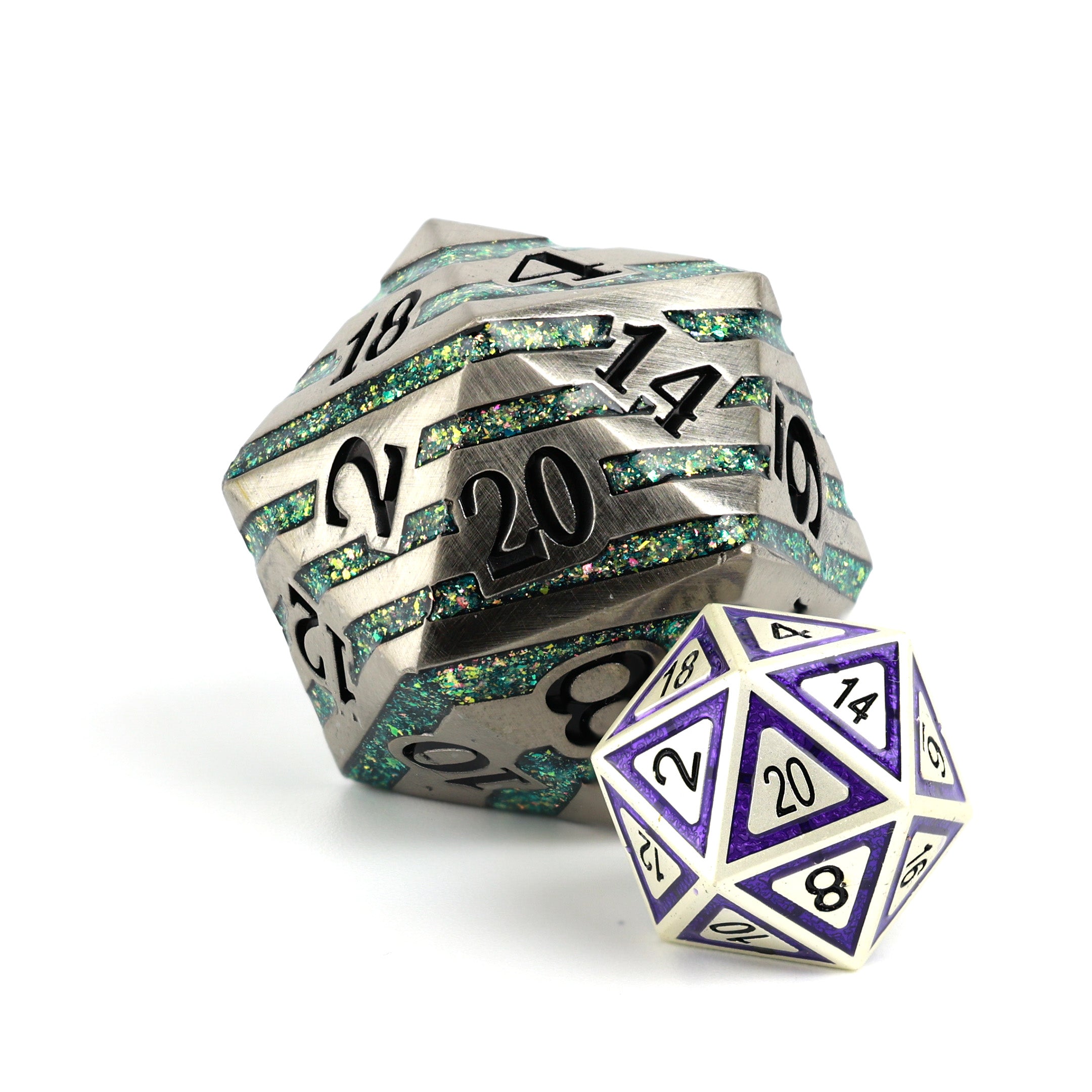 Two polyhedral dice with metallic sheen on a white background