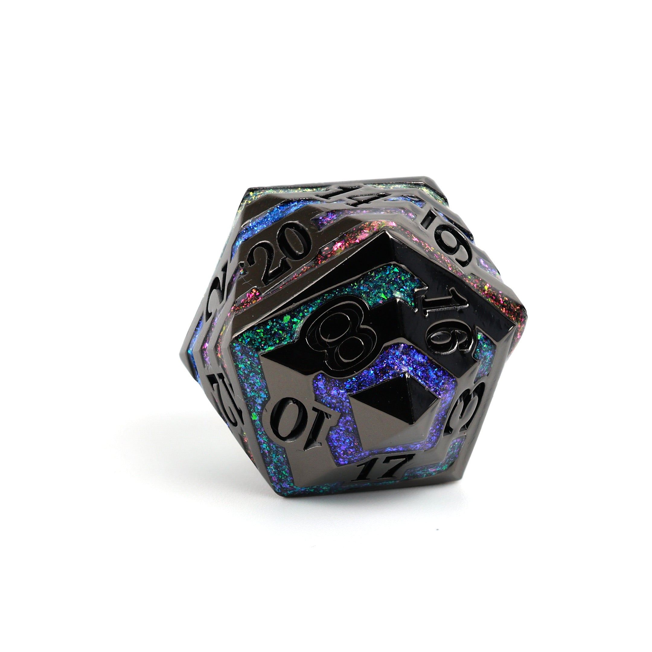 Multicolored polyhedral dice on a white background