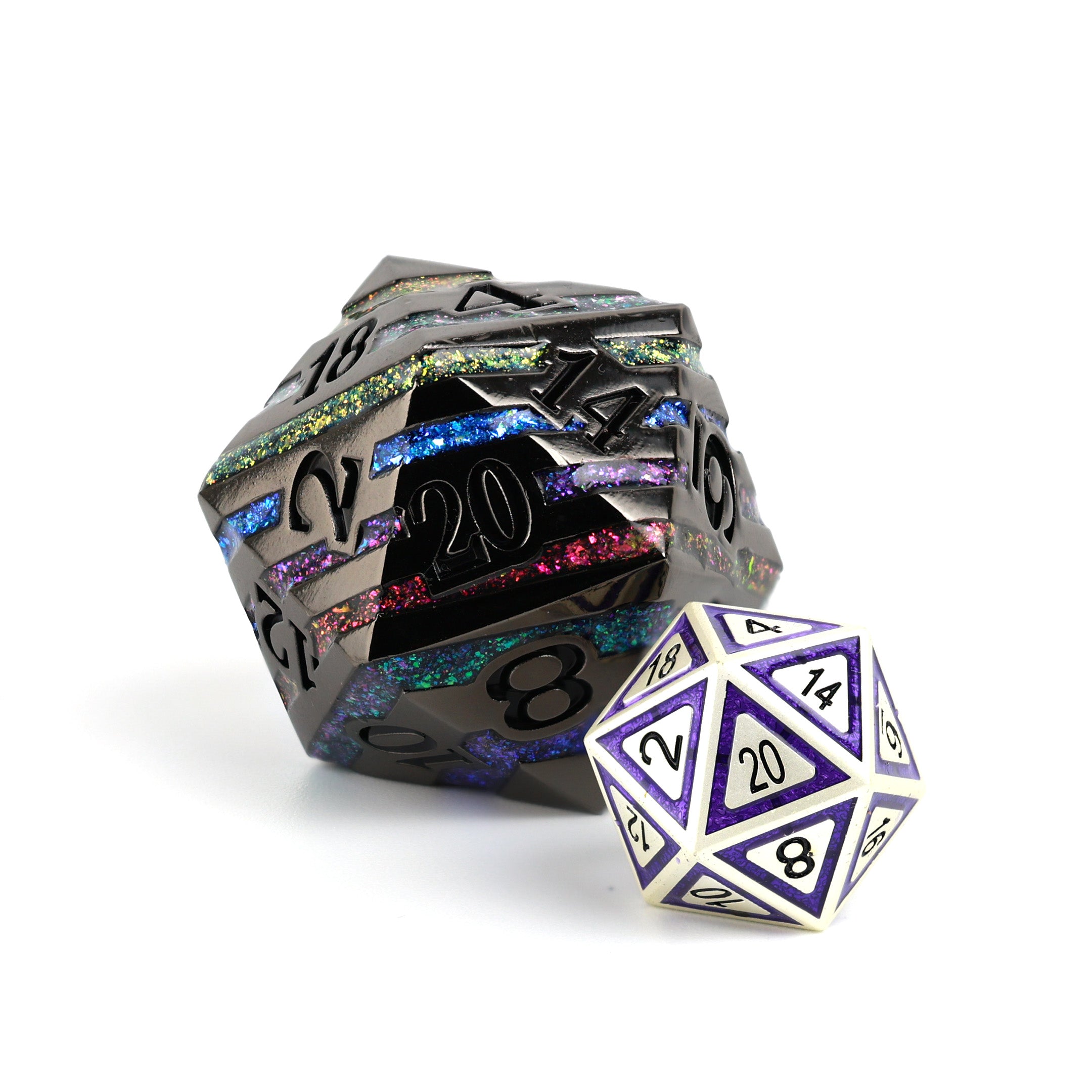 Two polyhedral dice with colorful glittery accents on a white background