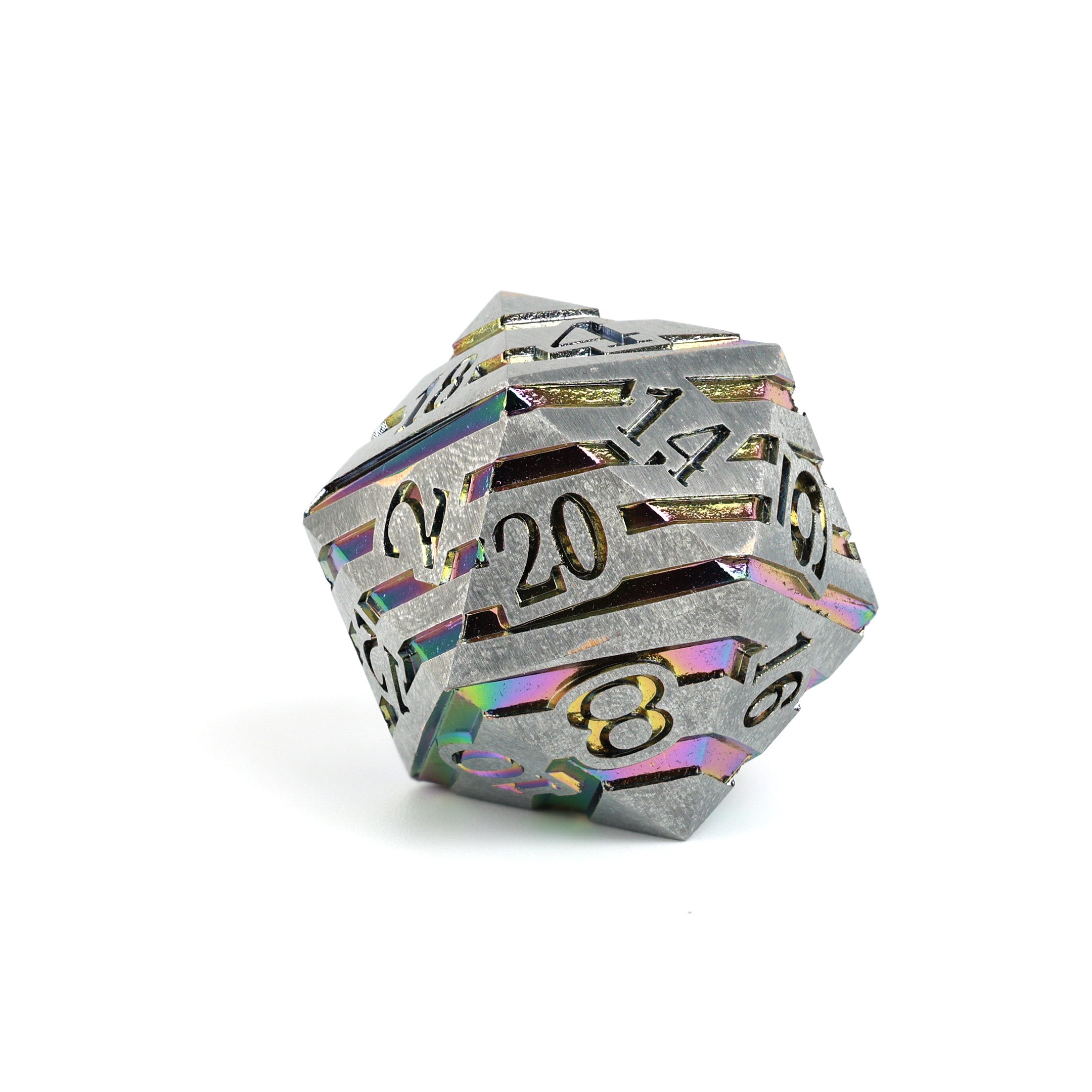 Metallic polyhedral dice with rainbow numbering on a white background