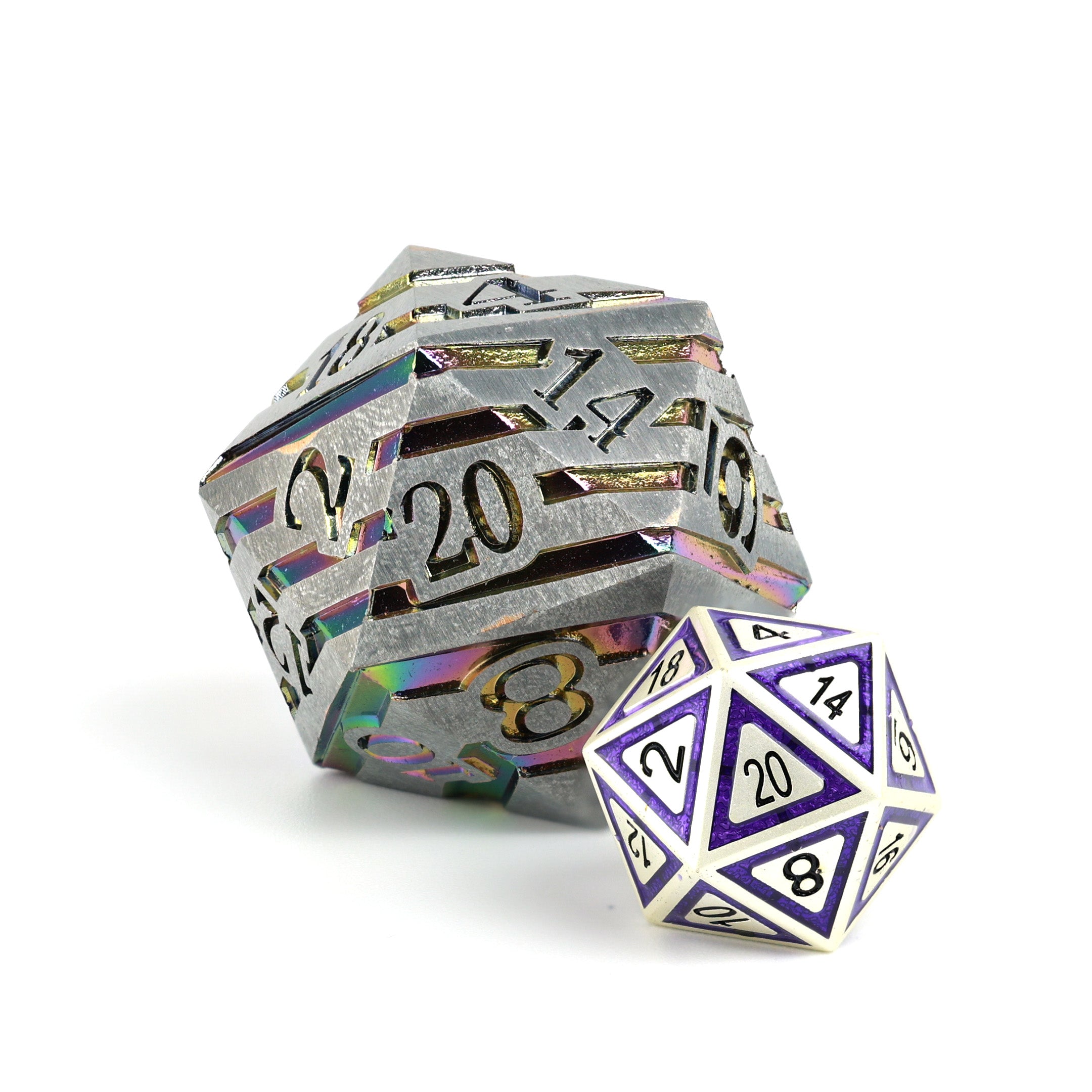 Two polyhedral dice, one silver with rainbow numbers and the other purple with white numbers, on a white background.