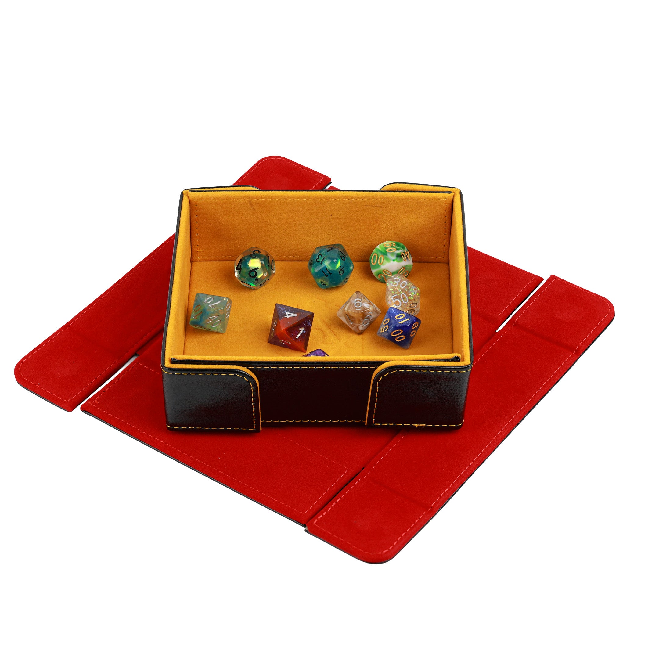 Magnetic dice tray of folding yellow foldend and red unfolded