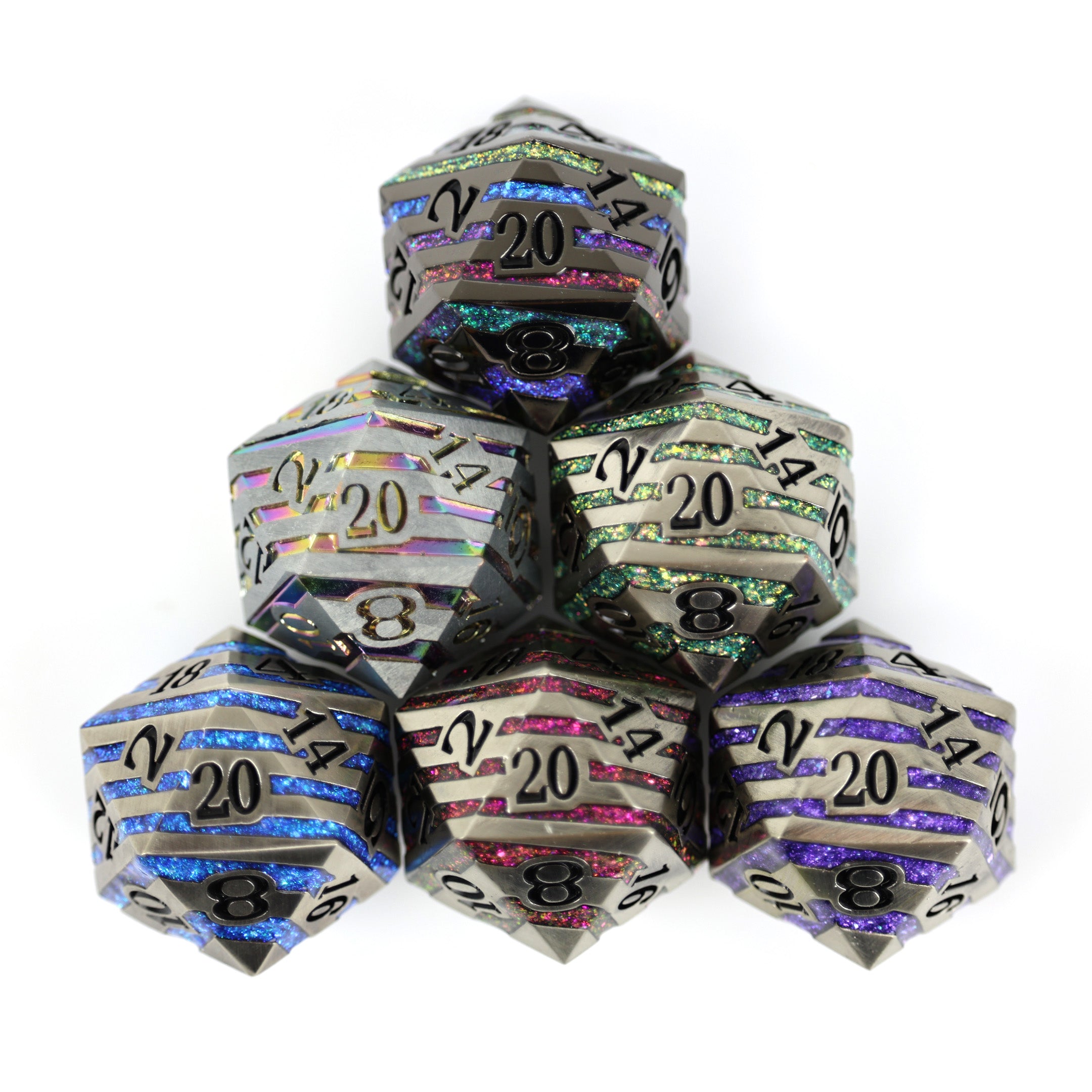 Set of oversized 33mm polyhedral dice with metallic sheen on a white background