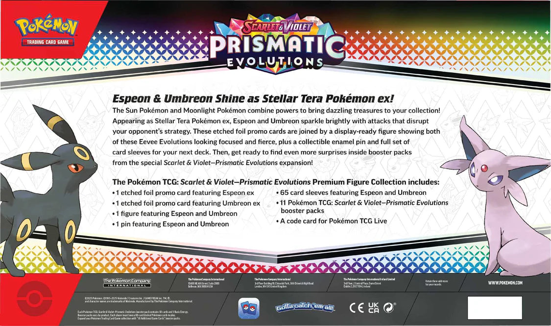 Pokémon trading card game Prismatic Evolutions packaging with Espeon and Umbreon.