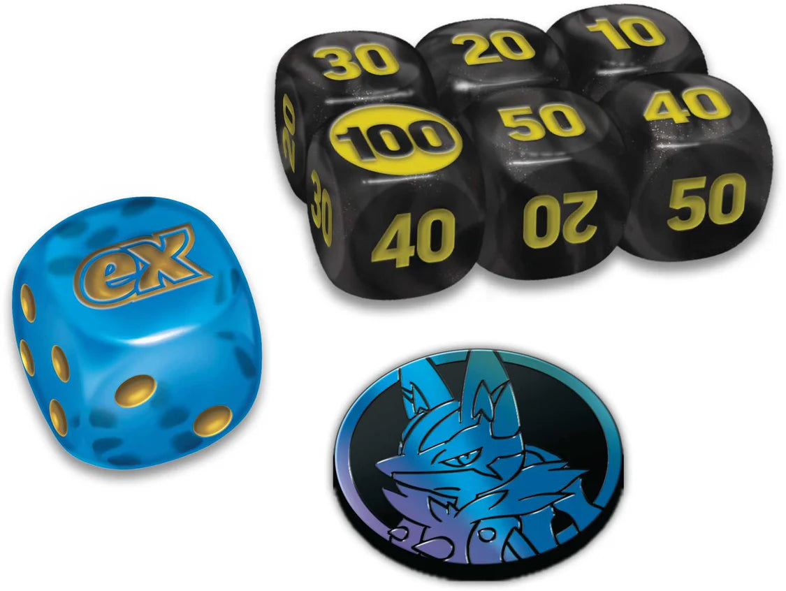 Set of dice with blue and black designs on a white background