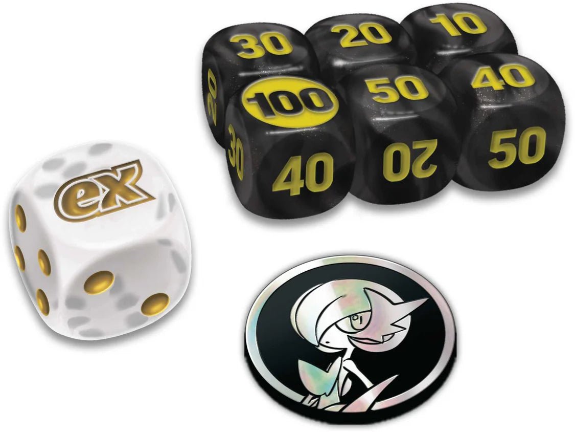Set of dice with numbers and a white die with 'ex' logo on a white background