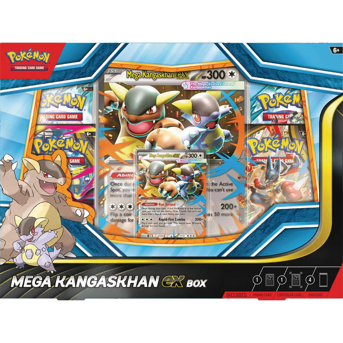 Pokémon trading card game box featuring Mega Kangaskhan ex with trading cards and artwork.