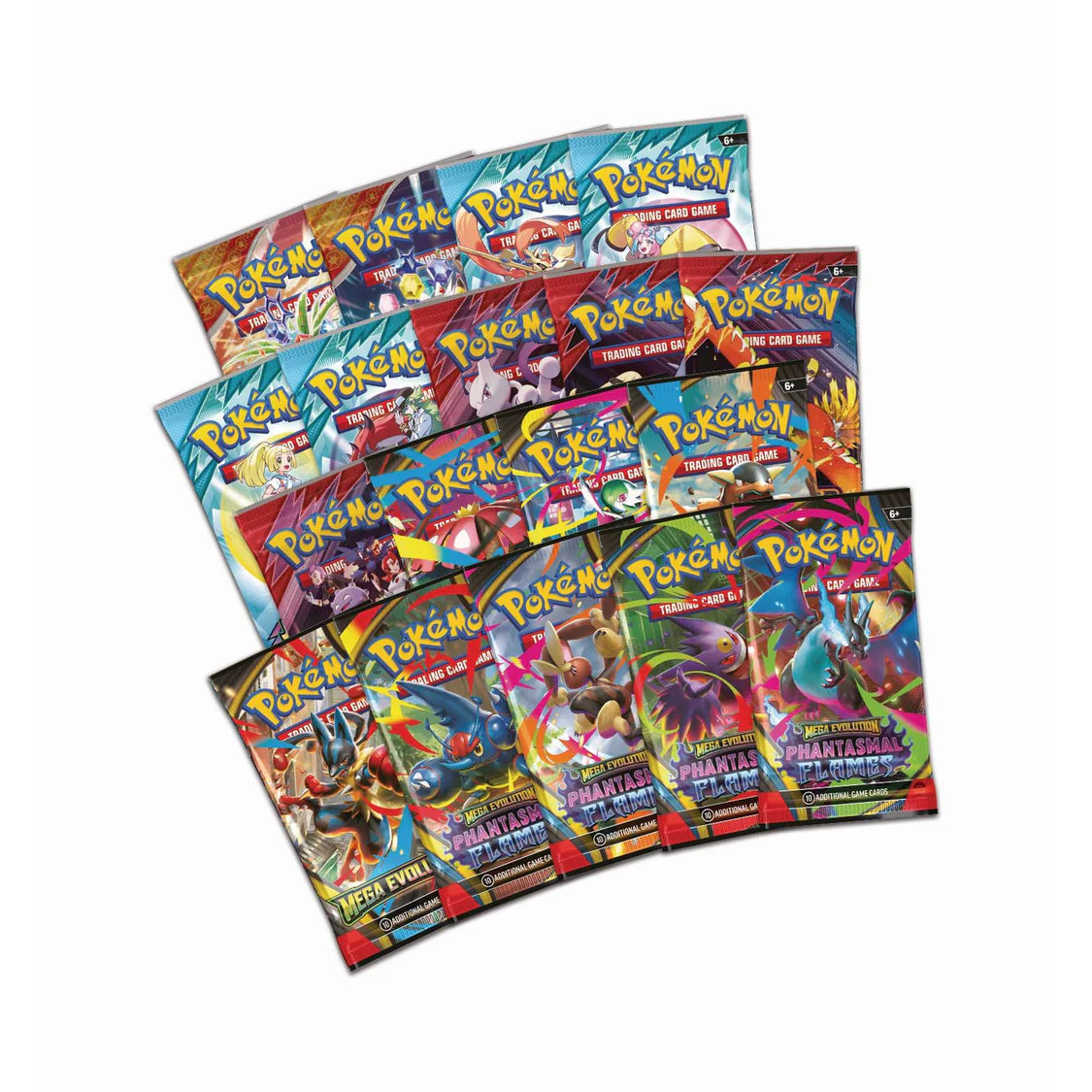 Collection of colorful Pokemon trading card game packs on a white background