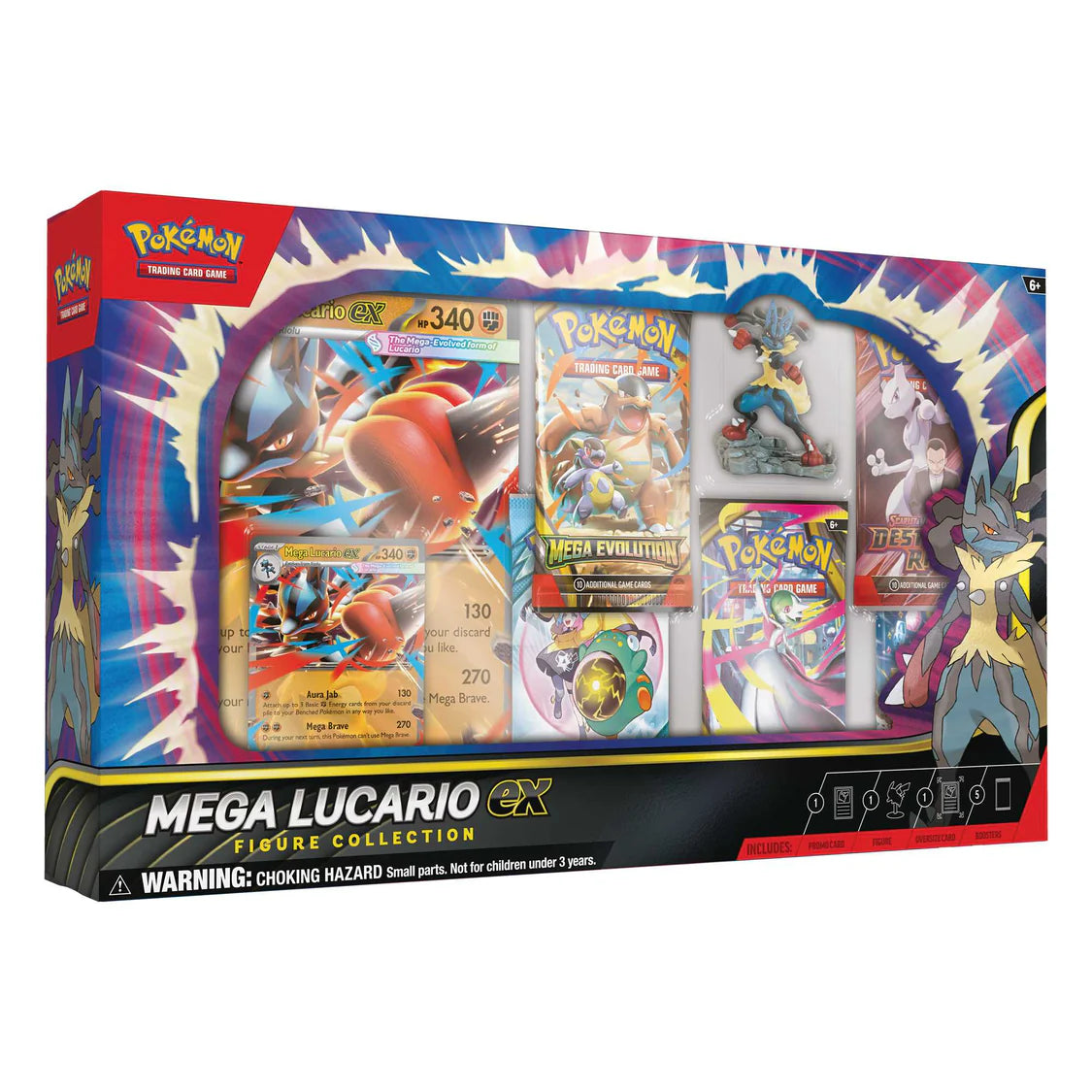 Pokémon Mega Lucario EX Figure Collection packaging with cards and toys on a white background