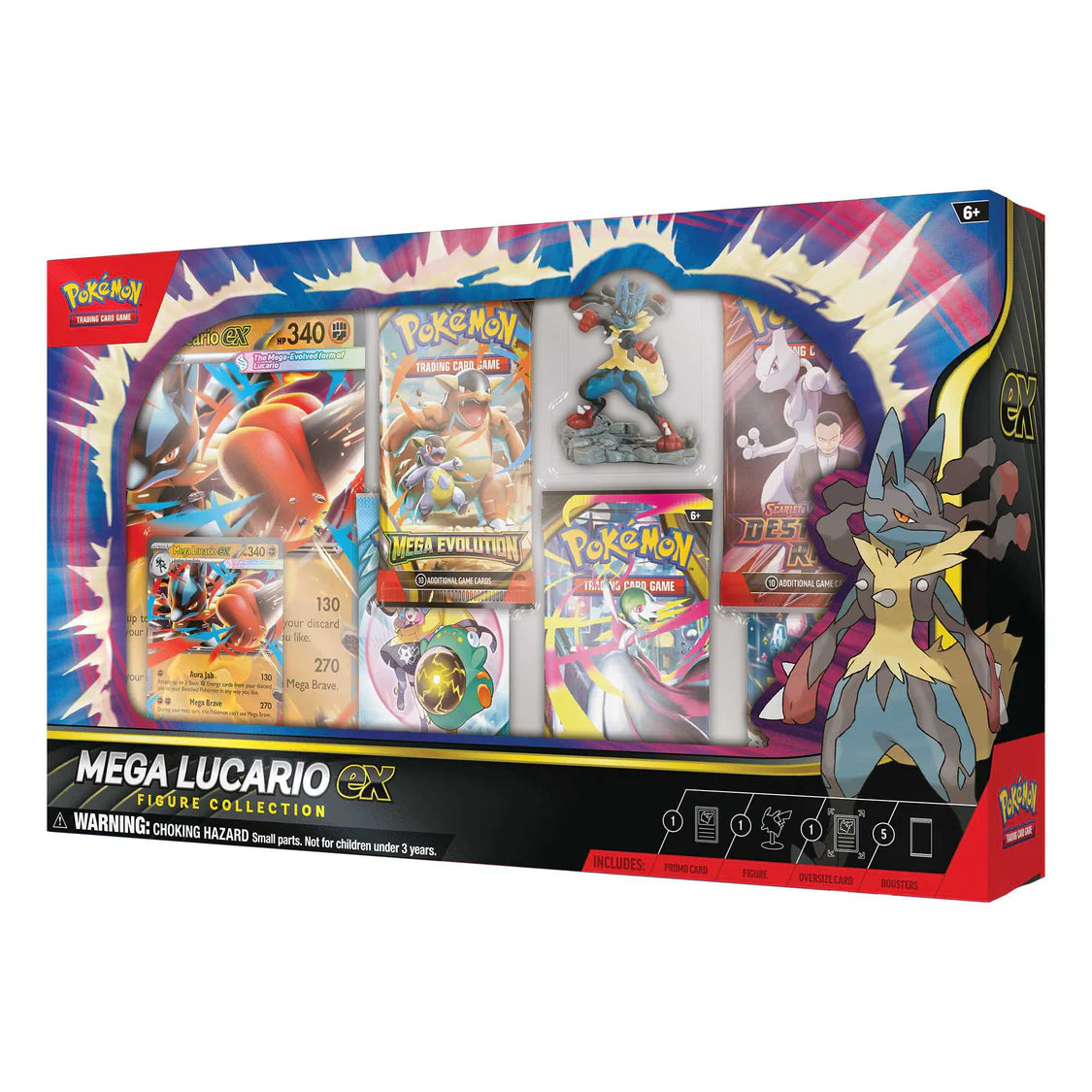 Pokémon Mega Lucario ex figure collection packaging with cards and toys.