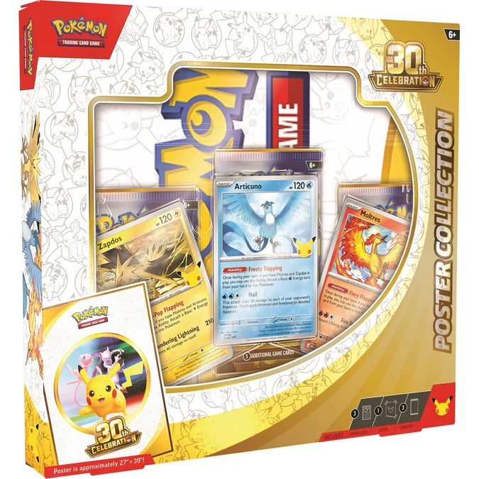 Pokémon Trading Card Game 30th Anniversary Poster Collection box, featuring a clear display window showing sample Pokémon cards inside a gold and white illustrated package.