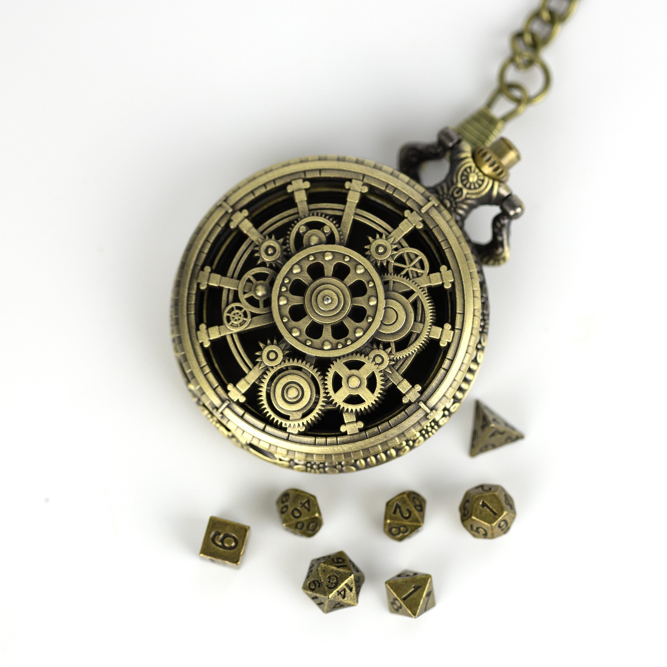 Steampunk-style pocket watch necklace with mechanical design on a white background