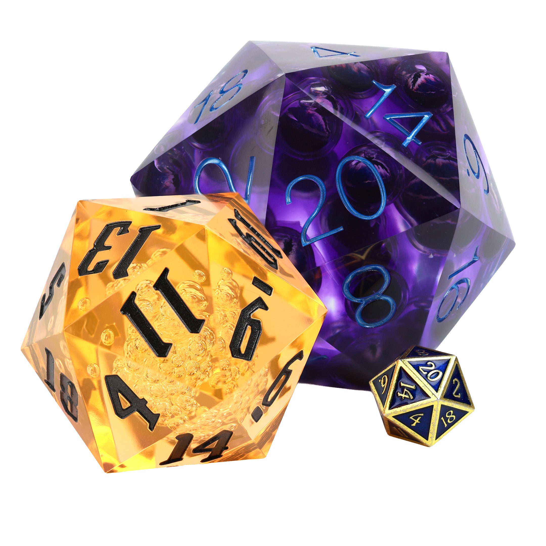 80mm Watcher Purple Liquid Core dnd dice with two other dice sets for scale