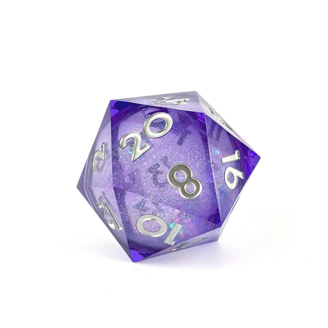 Oversized D20 55mm Purple Resin, silver Glitter and text.