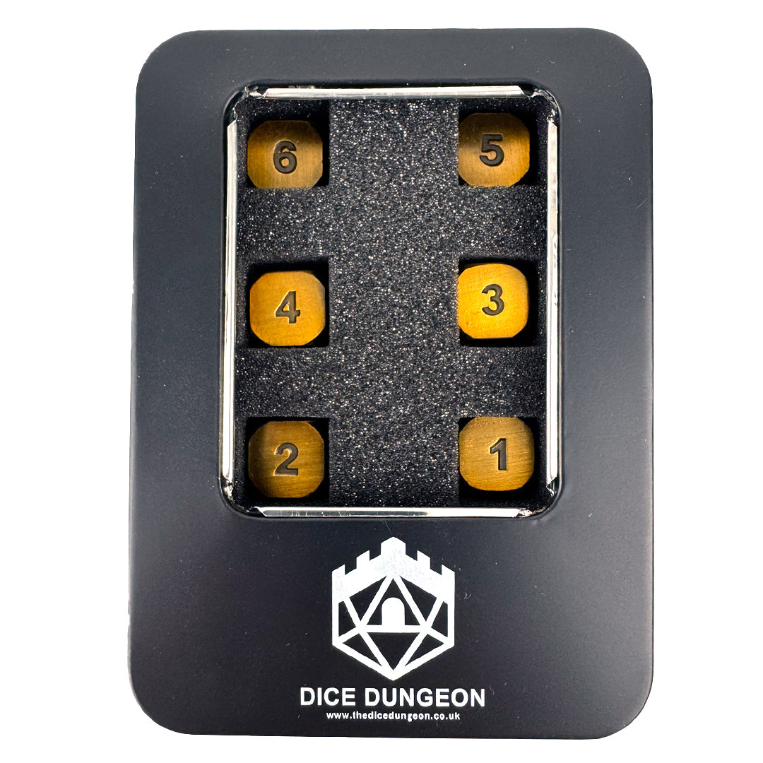 gold d6 dice set with tin
