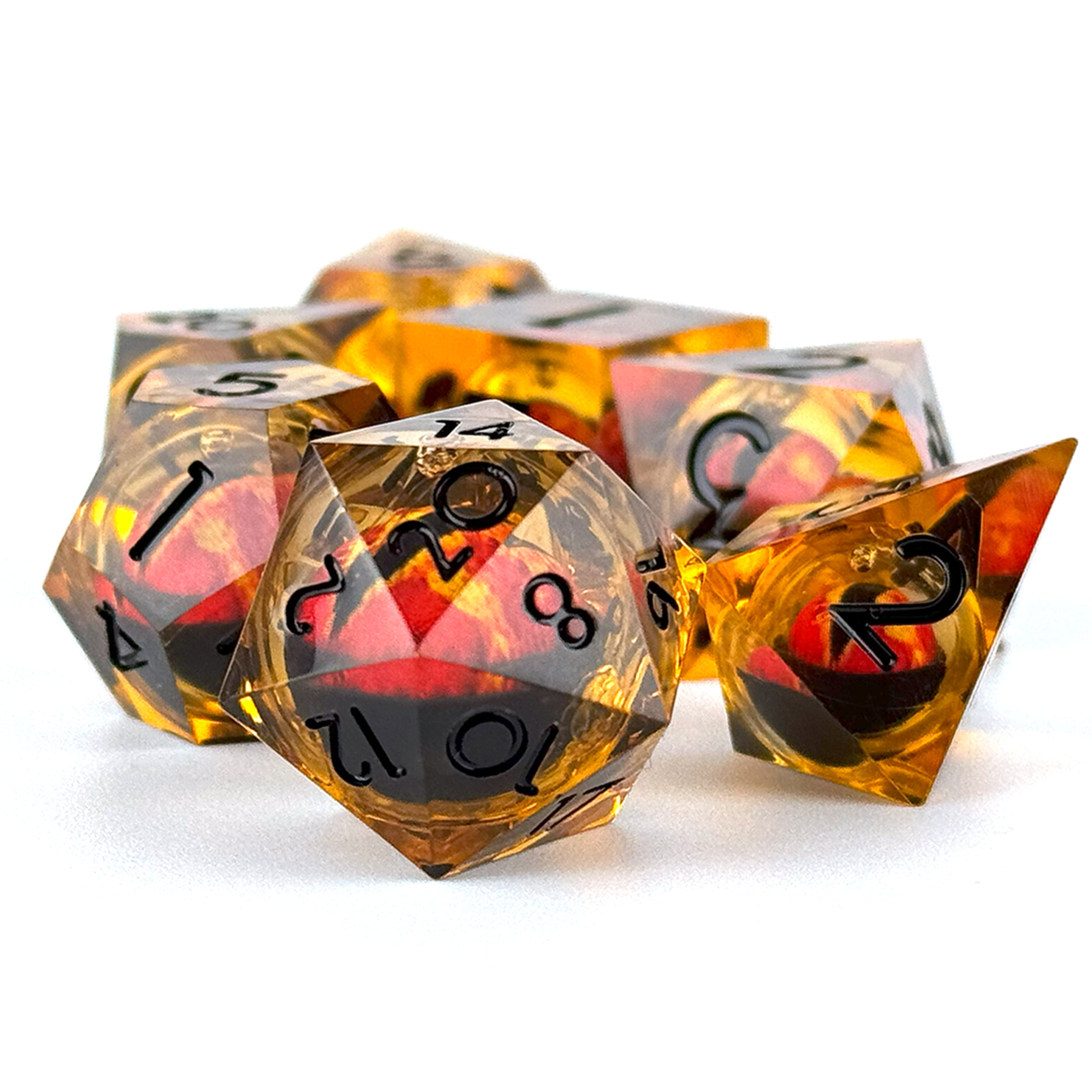 Resin dice red with a orange eye ball.
