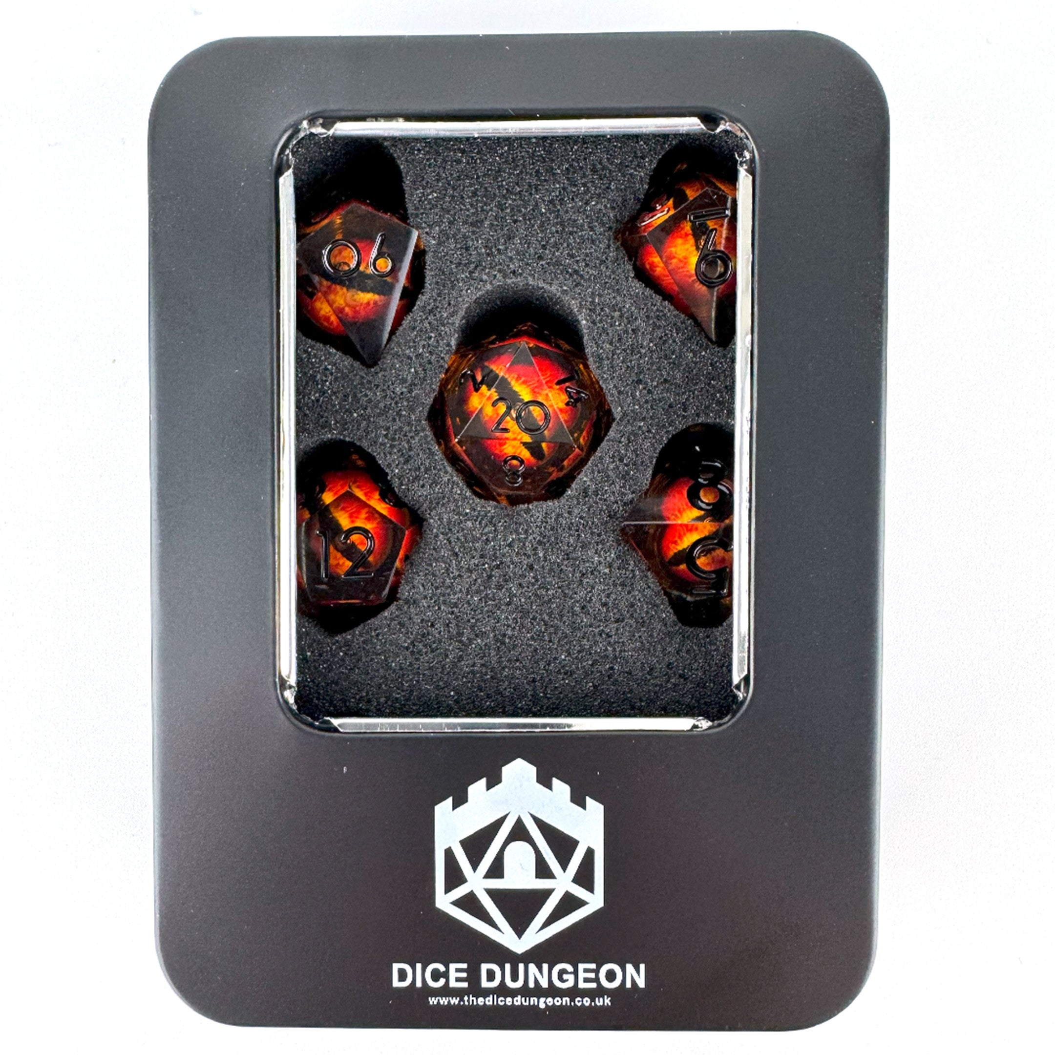 Resin dice red with a orange eye ball in a gift tin