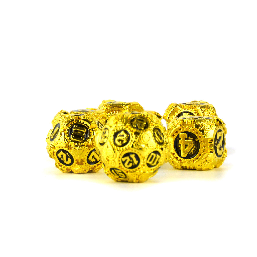 polished gold cog dnd dice metal