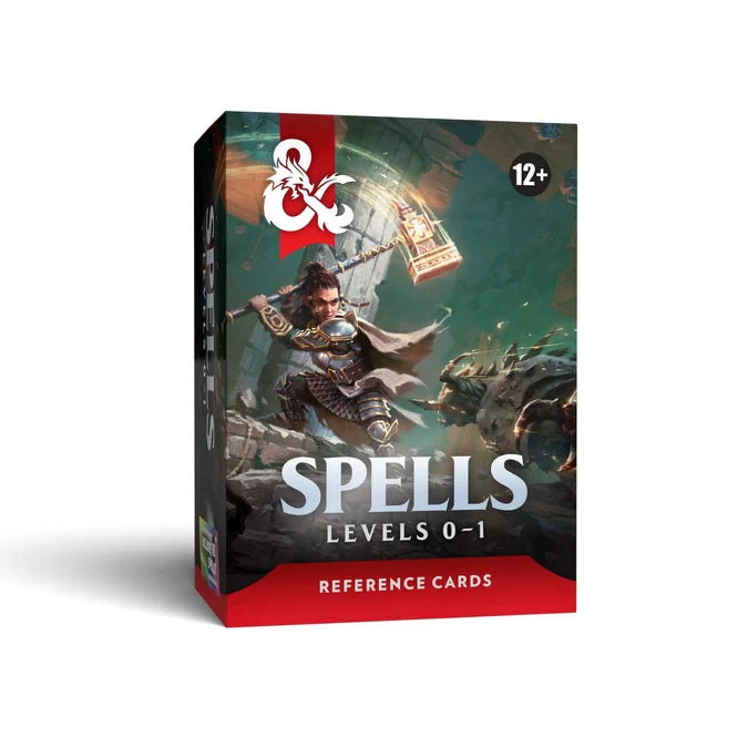 Dungeons & Dragons "Spells Levels 0-1 Reference Cards" shown on a clean white background. The box features fantasy artwork with a warrior and a red-and-white ampersand logo, plus a small "12+" mark near the top right.