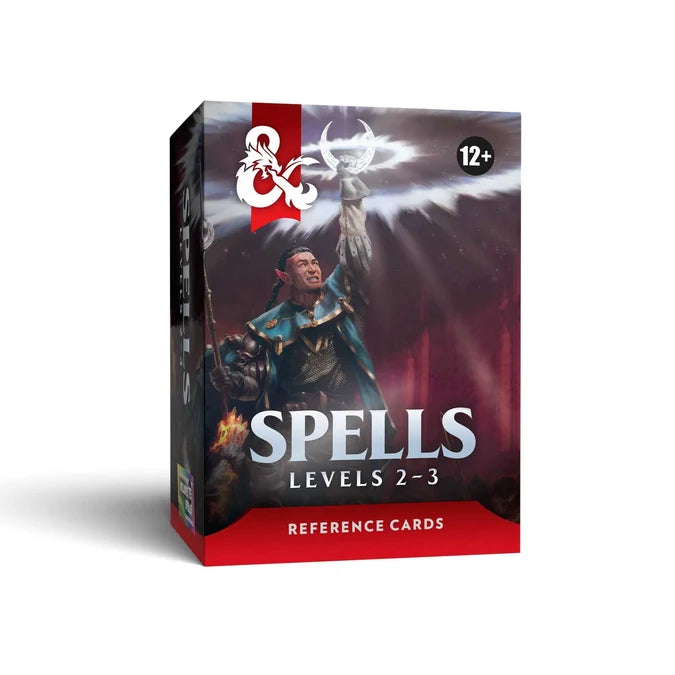 Dungeons & Dragons Card game box titled 'Spells Levels 2-3 Reference Cards' with a character illustration on a white background.