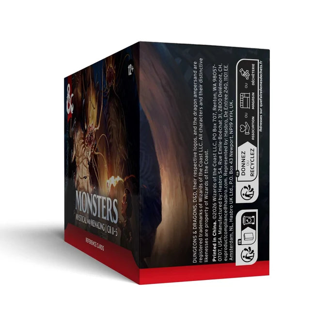 Monster: The Musical (Musical in Motion) card box shown at a three-quarter angle on a white background, featuring dark fantasy artwork and red base accents.