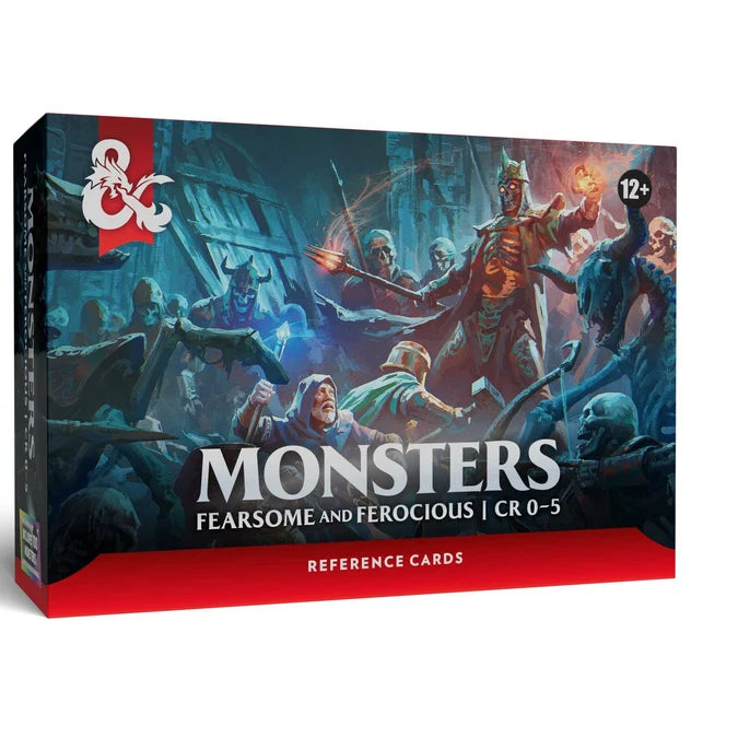 A boxed card game reference card set titled "Monsters: Fearsome and Ferocious | CR 0-5" with fantasy monster artwork on the front and a red band at the bottom. The D&D logo is visible in the upper left.