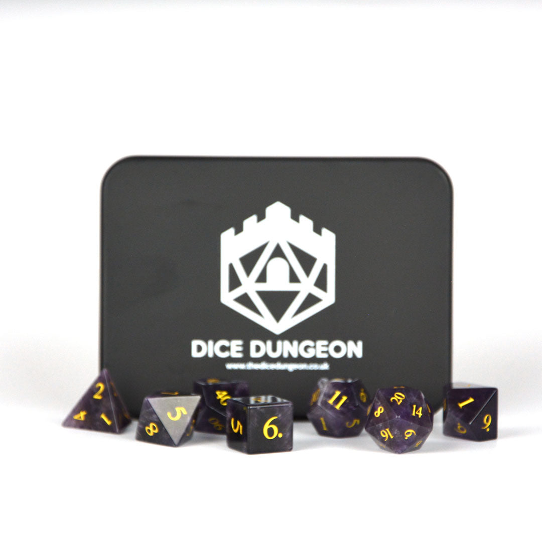 amethyst dnd dice with tin