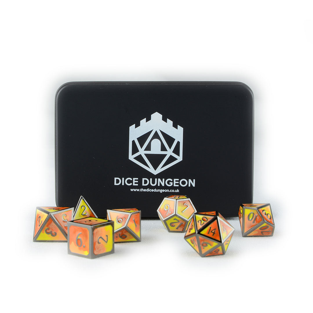 Burning Hands metal dnd dice with tin