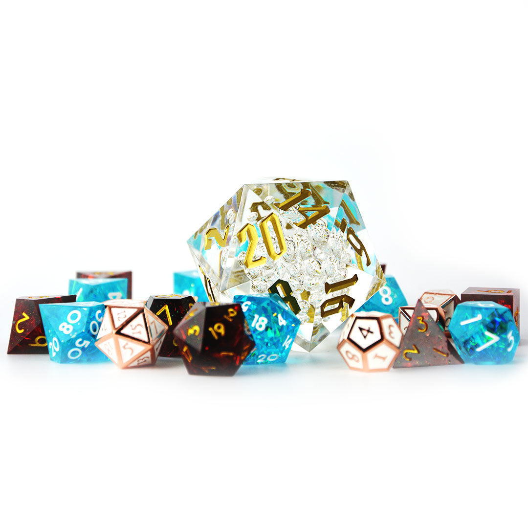 50mm dnd dice d20 shown next to  smaller dice 
