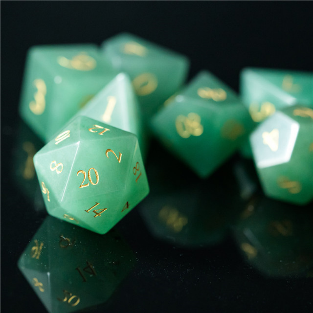 Adventurine dnd dice set close up