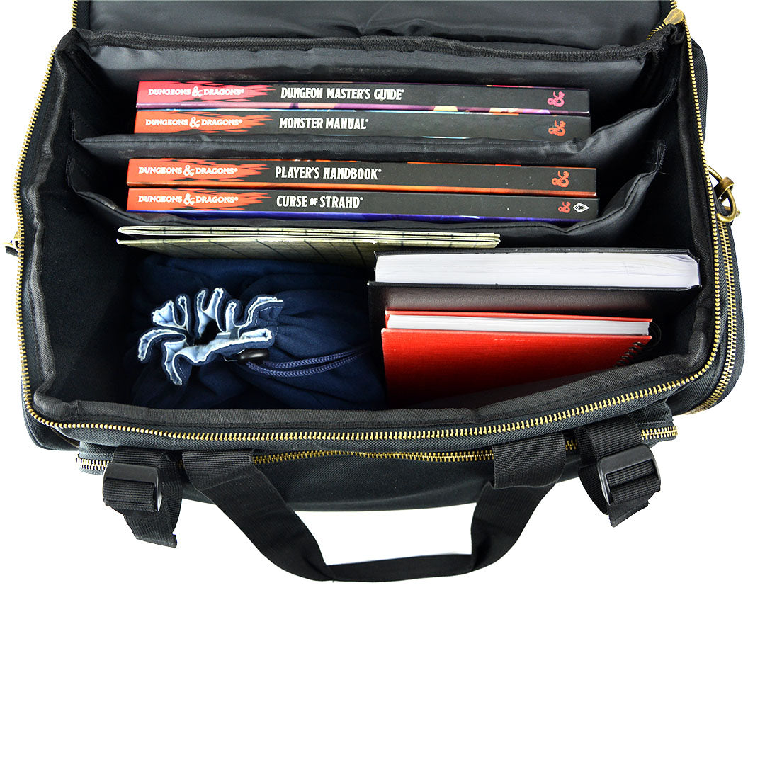 dnd travel bag open to with books dice bags and note pads in 