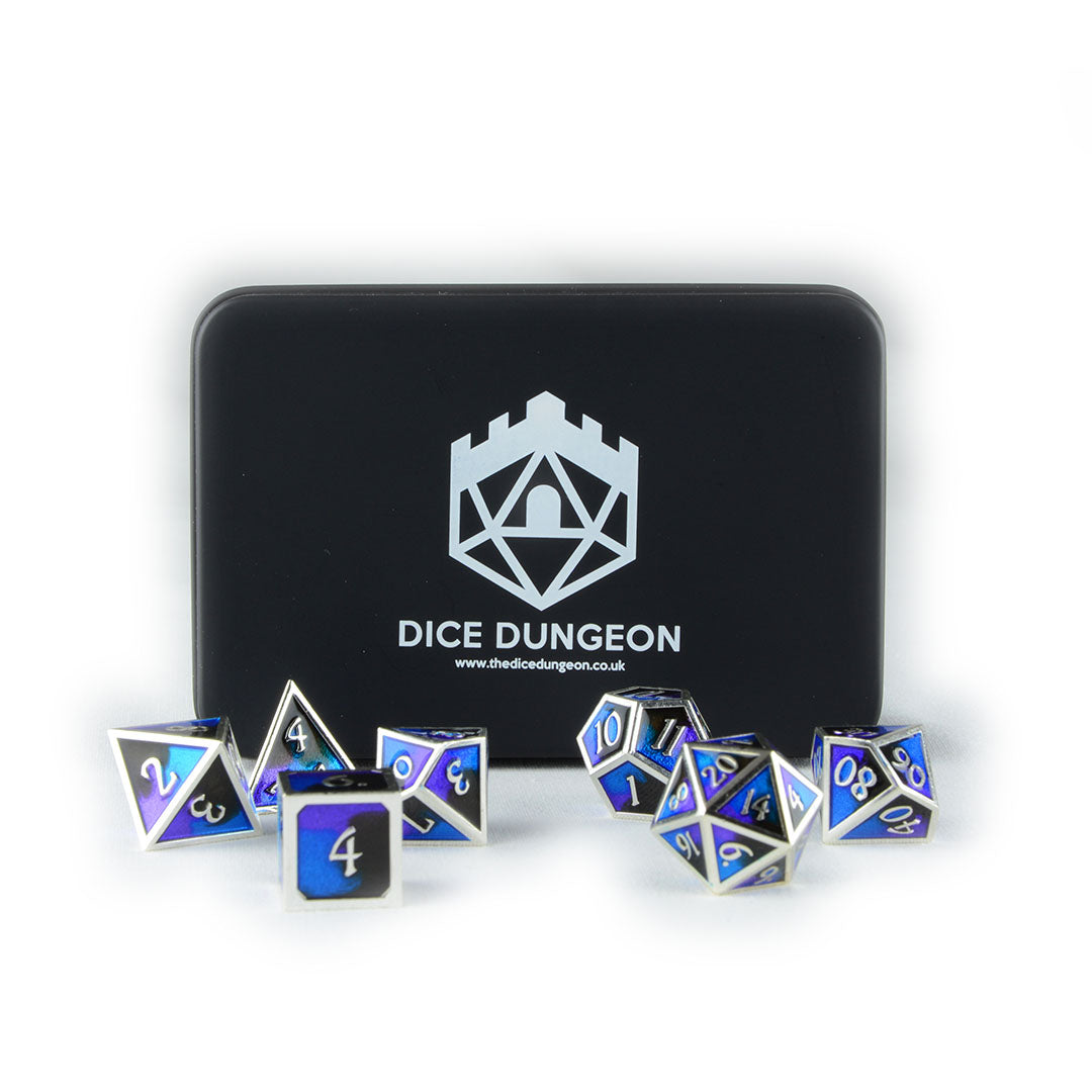 frozen shadows dnd dice set with tin