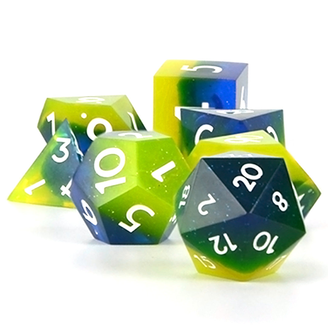 Toxic Shock blue and green resin dnd dice 