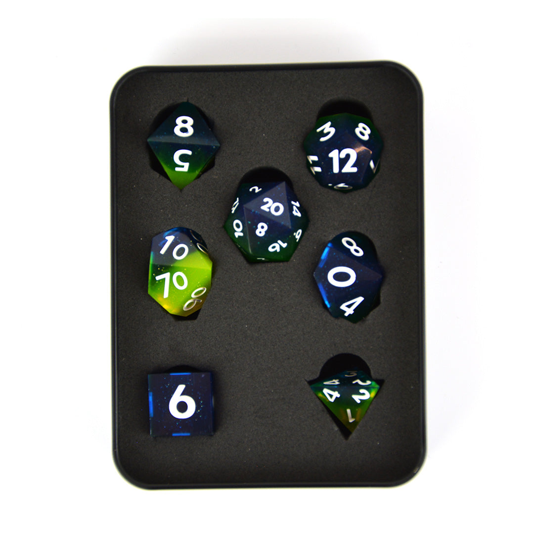 Toxic Shock blue and green resin dnd dice  with tin
