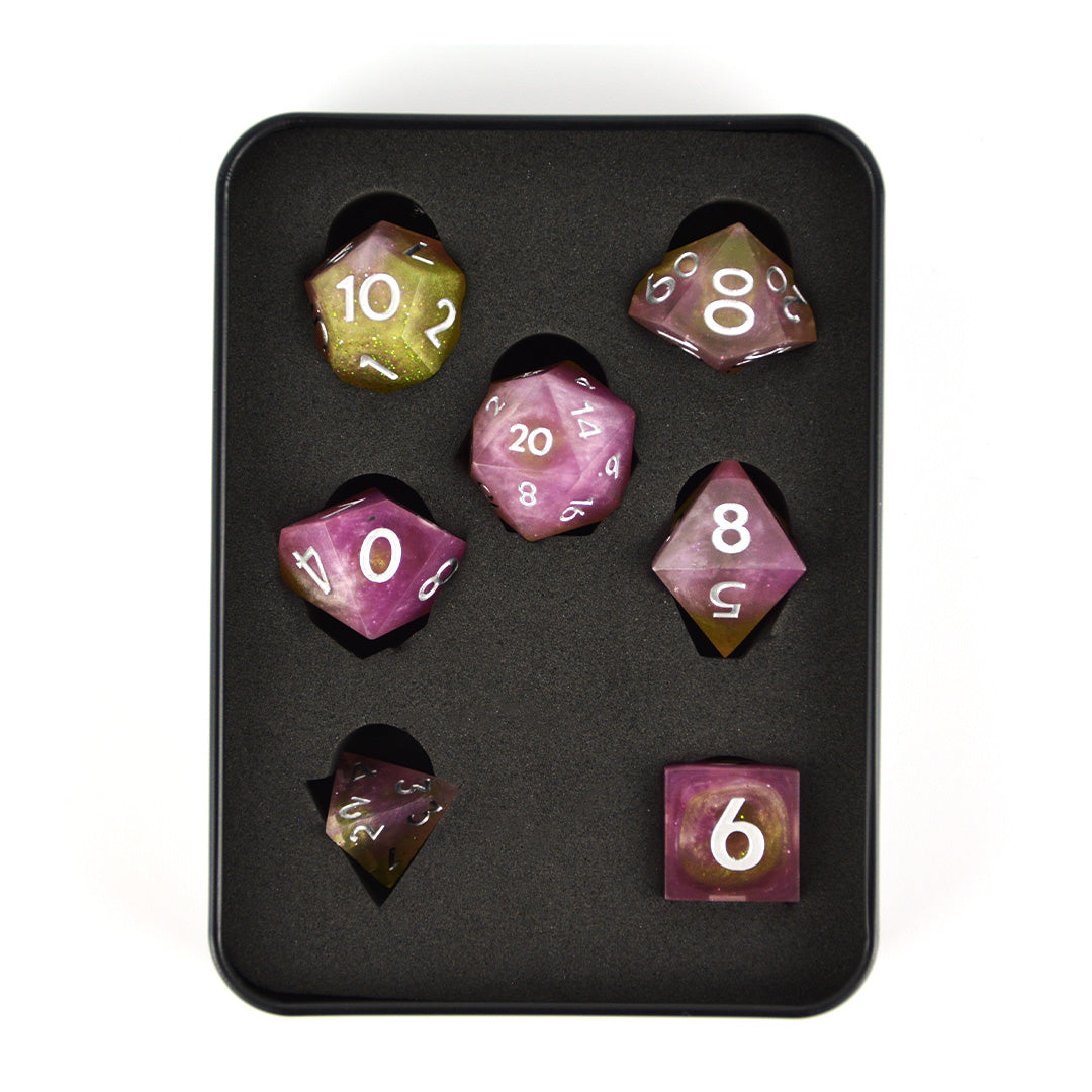 Poison Apple pink and gold resin dnd dice with tin