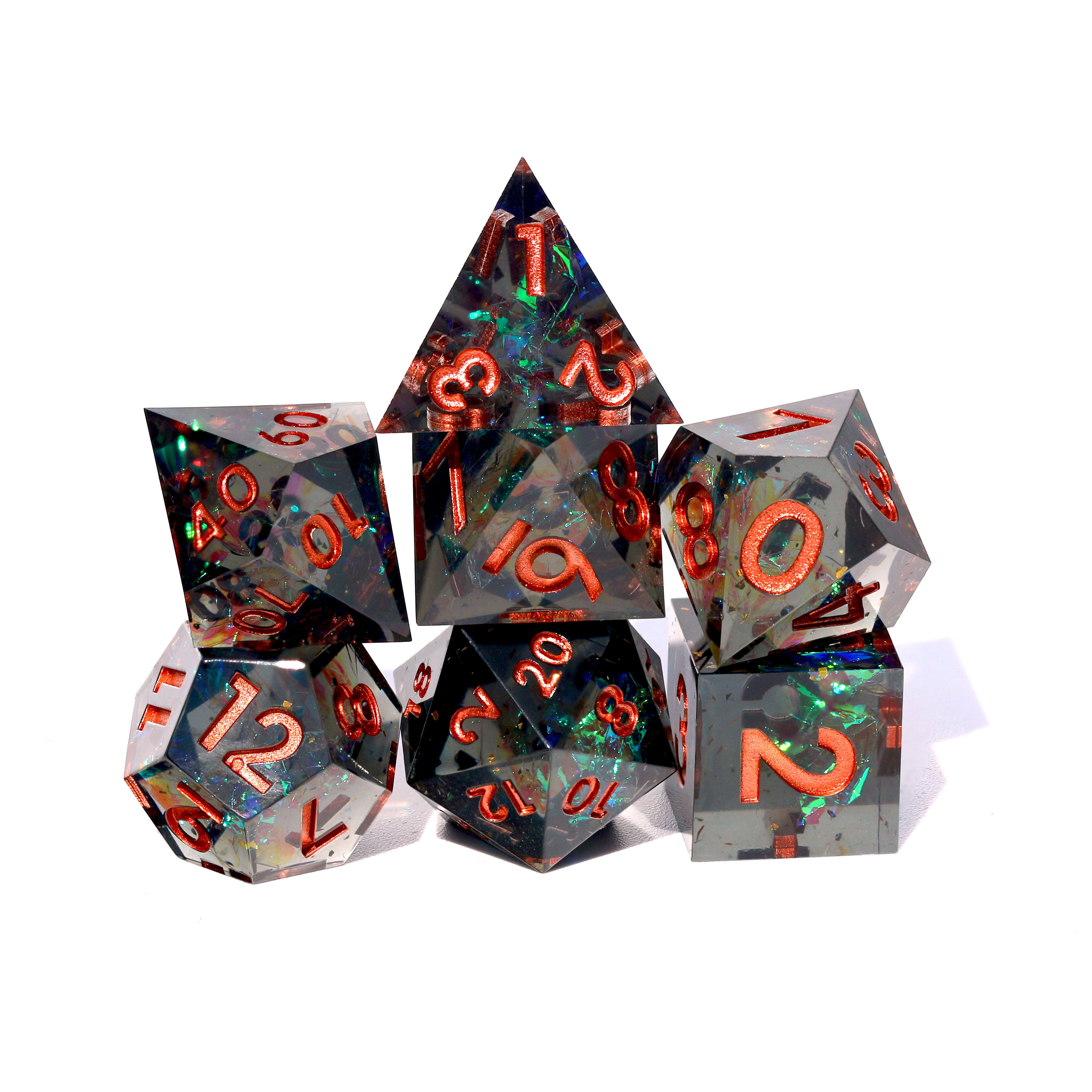 purple sharp edge dnd dice set stacked