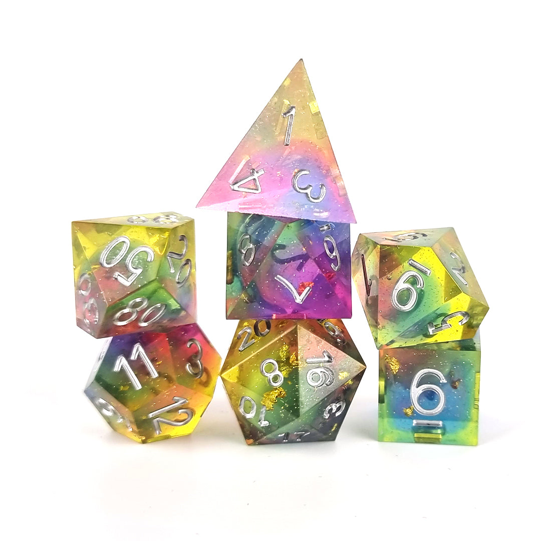 rainbow sharp edged dnd dice set stacked