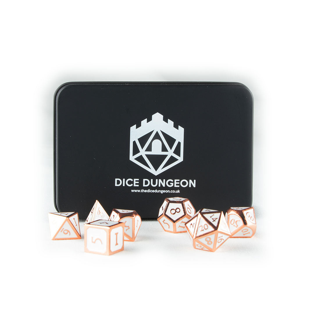 Rose Gold metal dnd dice with tin