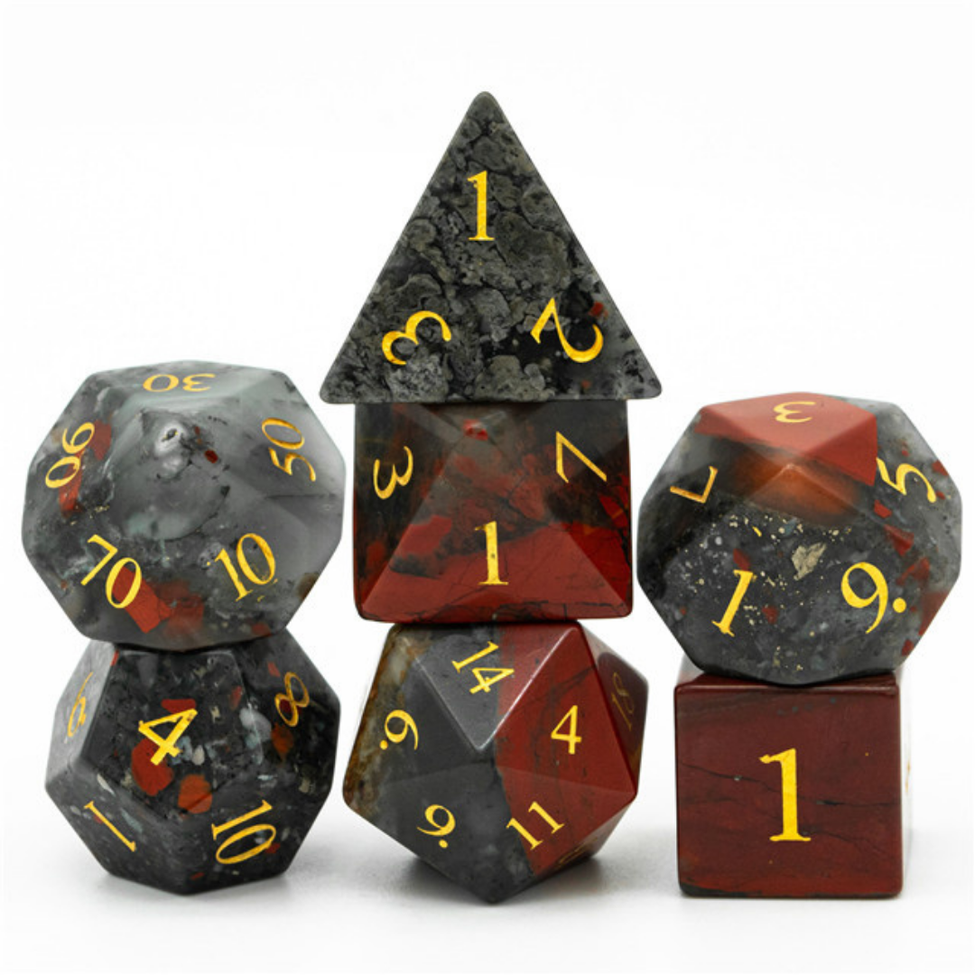 Bloodstone gemstone dnd dice set stacked