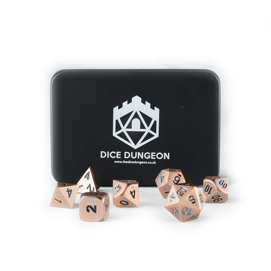 Tarnished Bronze metal dnd dice set with tin