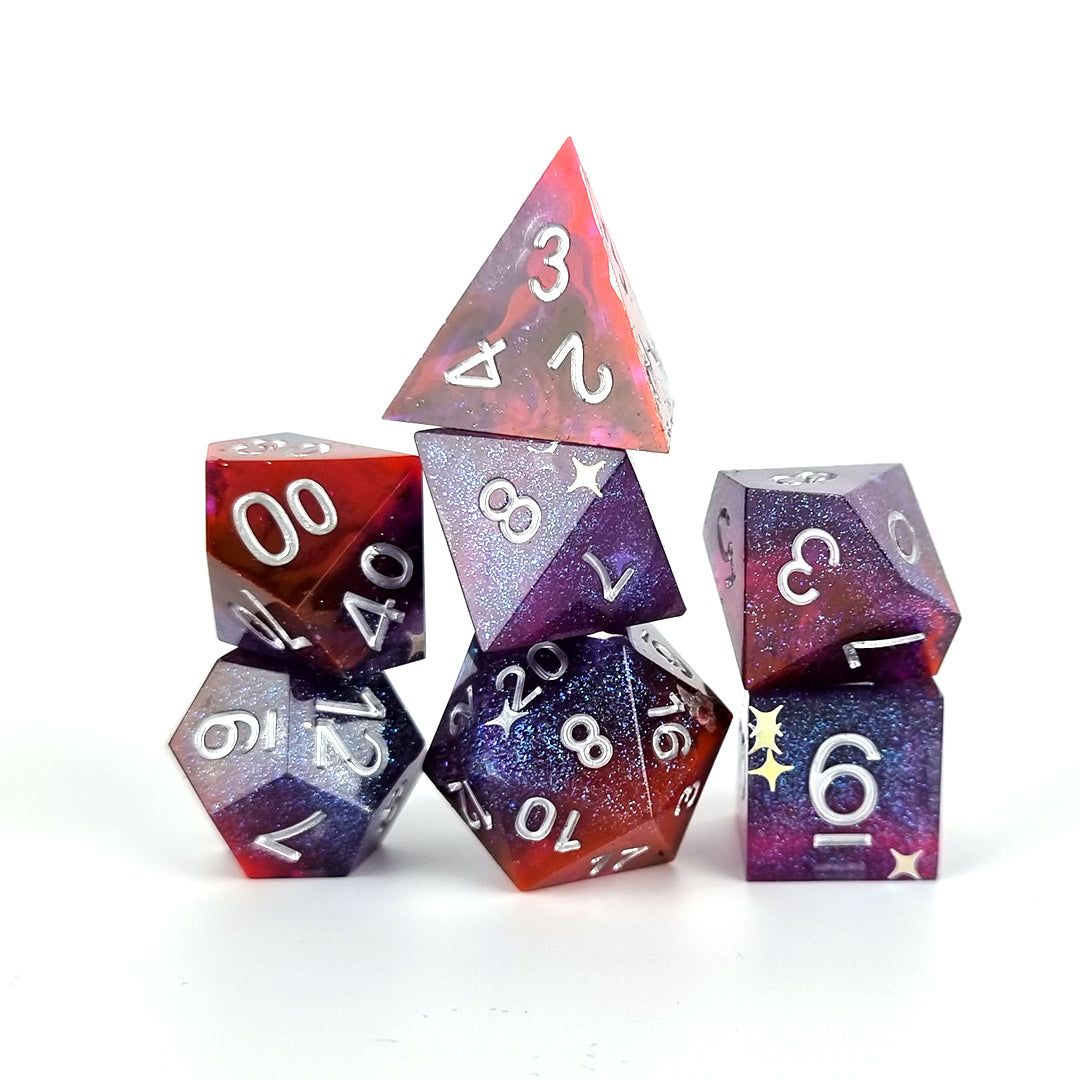 twlights gaze sharp edge dnd dice set red and blue stacked